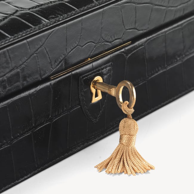 Four Piece Watch Box Deep Shine Black Croc & Cobalt Blue Suede