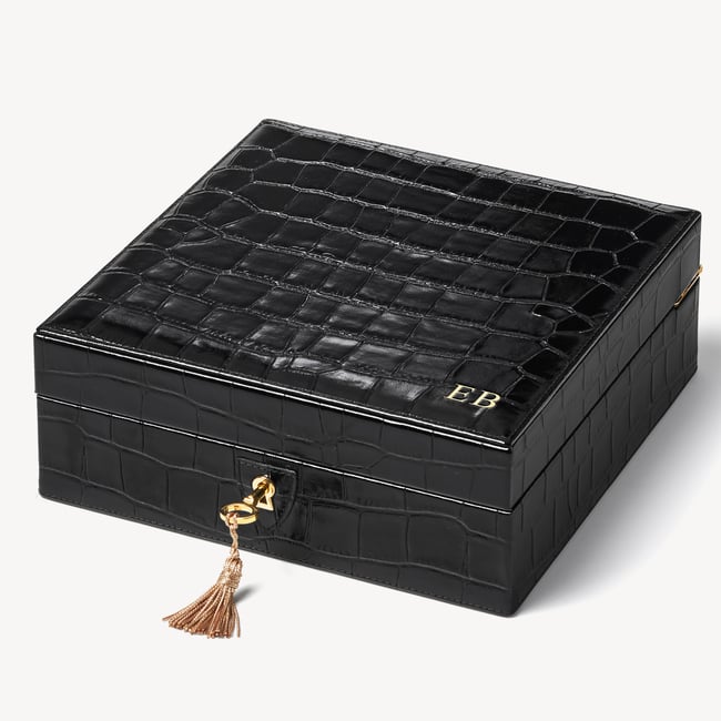 Four Piece Watch Box Deep Shine Black Croc & Cobalt Blue Suede