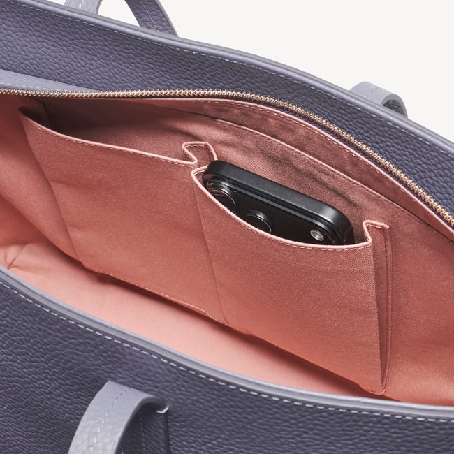 Zipped East West Tote with Shield Charm Dusky Blue Pebble