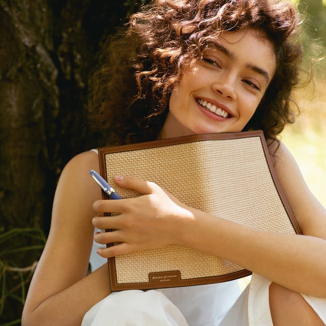 A5 Refillable Luxury Journal Natural Raffia & Smooth Tan
