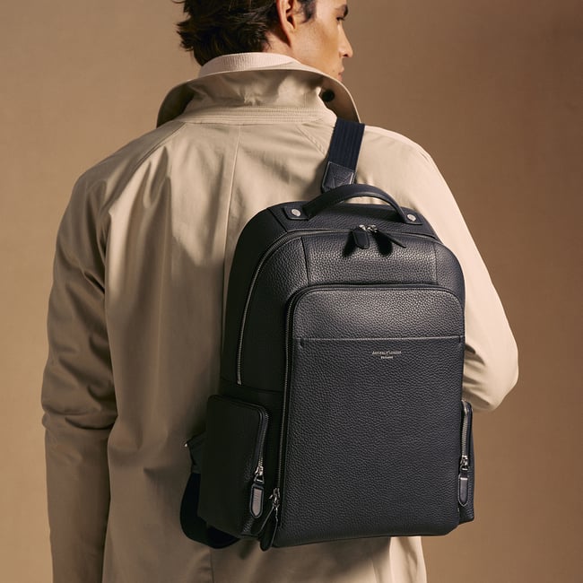 Zipped Leather Backpack Navy Pebble