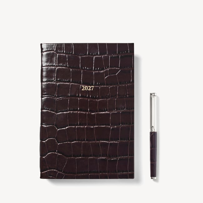 2027 A5 Day to Page Diary & Pen Set Deep Shine Amazon Brown Croc