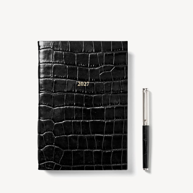 2027 A5 Day to Page Diary & Pen Set Deep Shine Black Croc