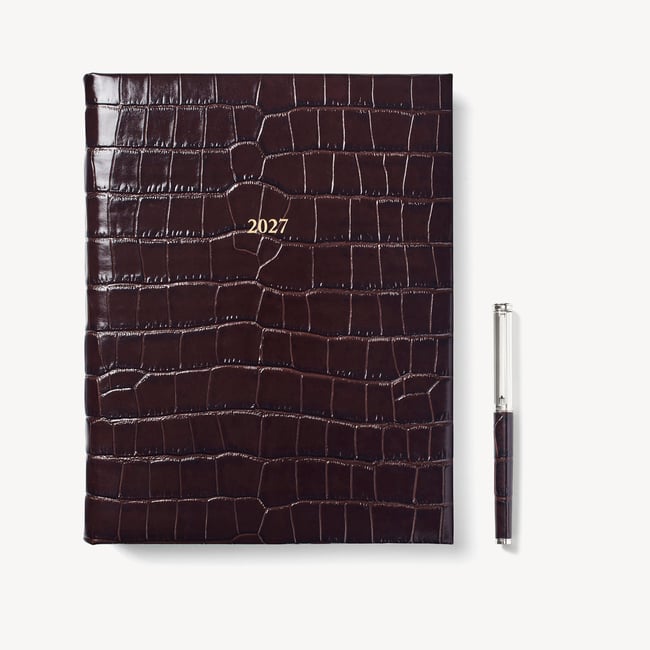 2027 A4 Week to View Diary & Pen Set Deep Shine Amazon Brown Croc