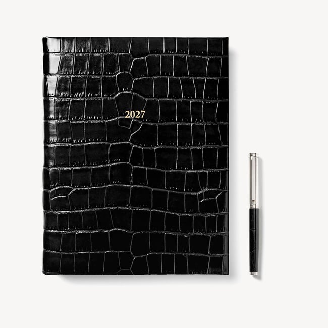 2027 A4 Day to Page Diary & Pen Set Deep Shine Black Croc