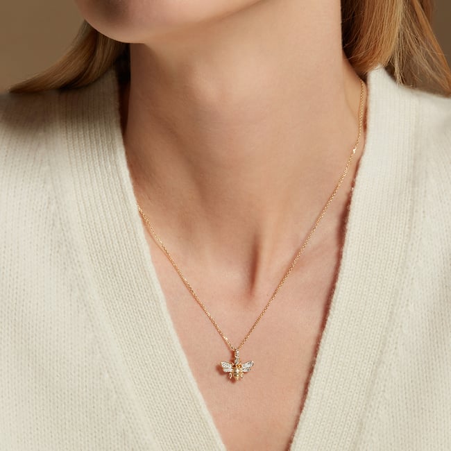Diamond Bee Pendant Necklace 0.237ct White Sapphire & Citrine