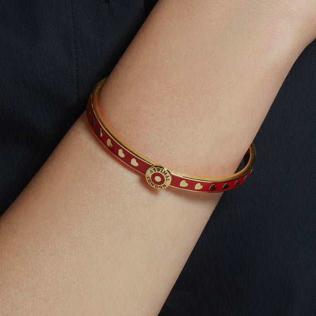 Thin Love Hearts Bangle Cardinal Red Enamel & 18ct Gold Plated