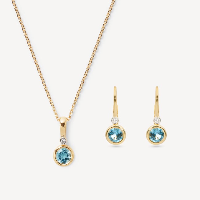 Diamond Necklace & Earrings Set Swiss Blue Topaz, Diamond & 14ct Solid Gold