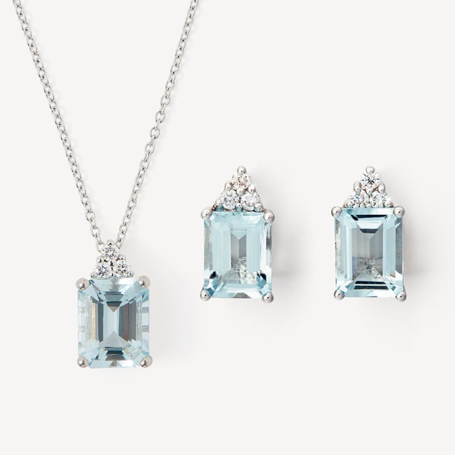 Iris Necklace & Stud Set Aquamarine & Diamonds set in 18ct Solid White Gold