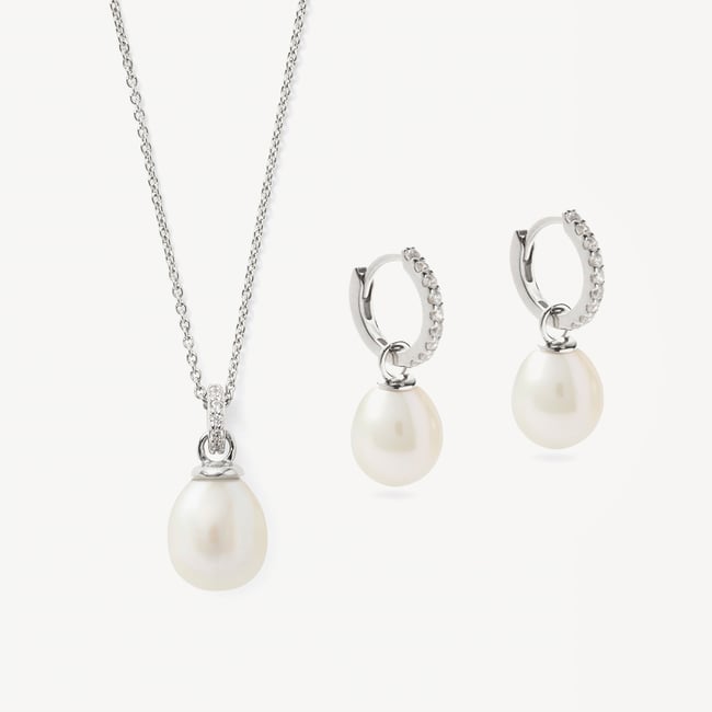 Diamond & Pearl Pendant & Huggie Set Diamond, Pearl & 14ct White Gold