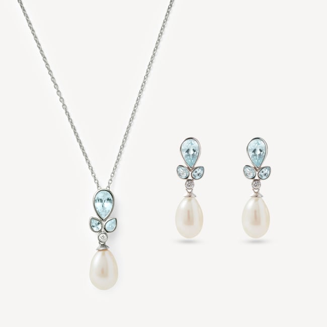 Floral Necklace & Earrings Set Aquamarine, Diamond & 14ct Solid White Gold