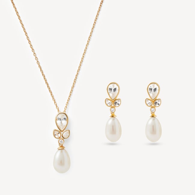 Floral Necklace & Earrings Set Diamond, Pearl, White Sapphire & 14ct Solid Gold