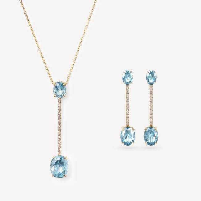 Straight Drop Necklace & Earrings Set Diamond, Sky Blue Topaz & 14ct Solid Gold