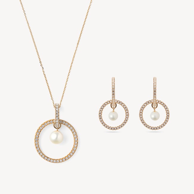 Statement Halo Pendant & Earrings Set Diamond, Pearl & 14ct Solid Gold