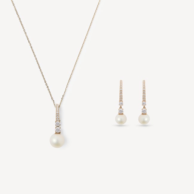 Icy Drop Necklace & Earrings Set Diamond, Pearl & 14ct Solid Gold