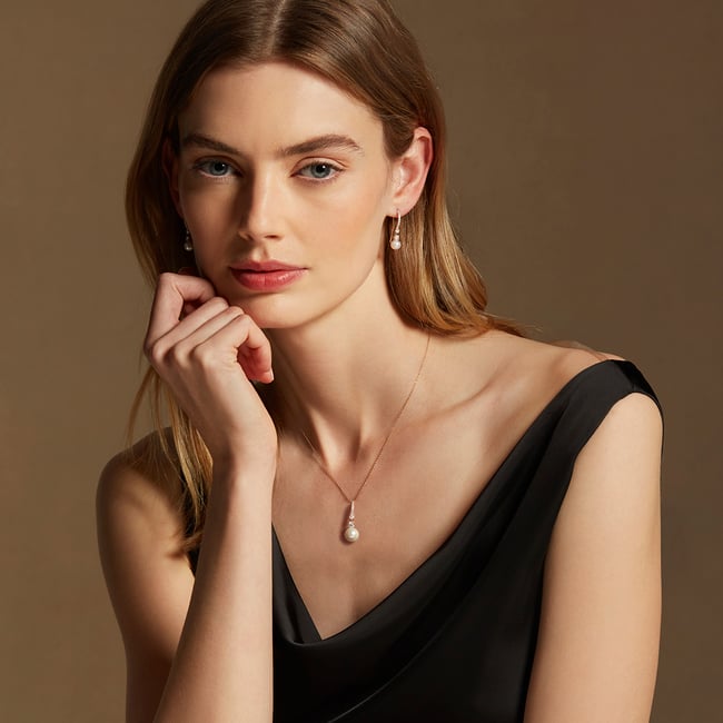 Icy Drop Necklace & Earrings Set Diamond, Pearl & 14ct Solid Gold