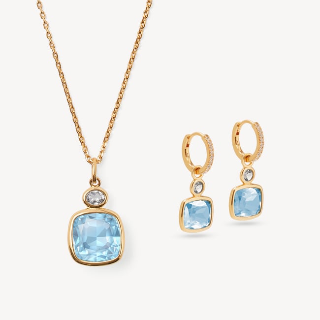 Duo Gemstone Necklace & Earrings Set Sky Blue Topaz, White Topaz & 18ct Gold Vermeil