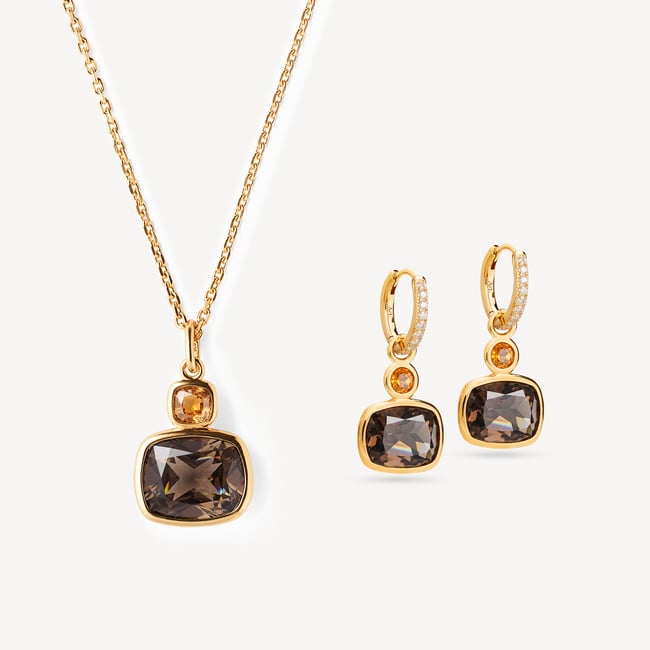 Duo Gemstone Necklace & Earrings Set Smoky Quartz, Citrine & 18ct Gold Vermeil