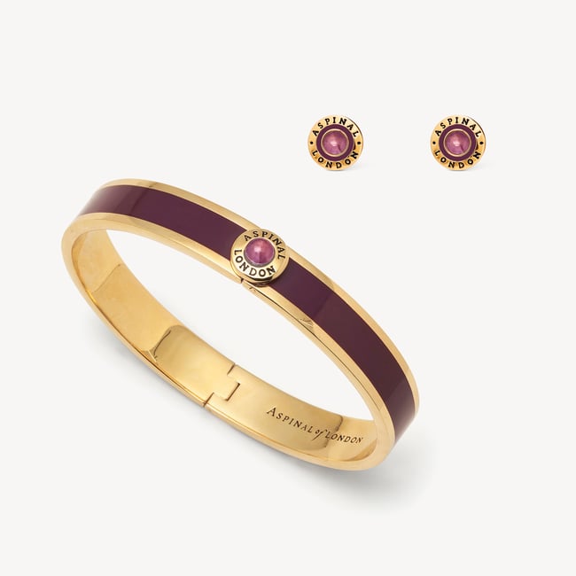 Enamel Studs & Bangle Set Fig Enamel, Amethyst & 18ct Gold Plated