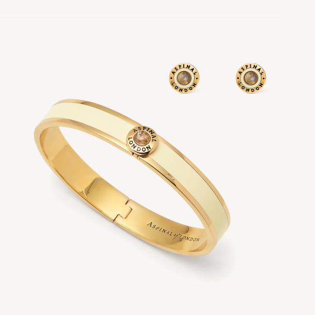 Enamel Studs & Bangle Set Ivory Enamel, Labradorite & 18ct Gold Plated