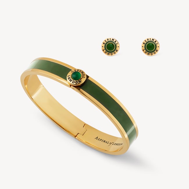 Enamel Studs & Bangle Set Racing Green Enamel, Green Agate & 18ct Gold Plated
