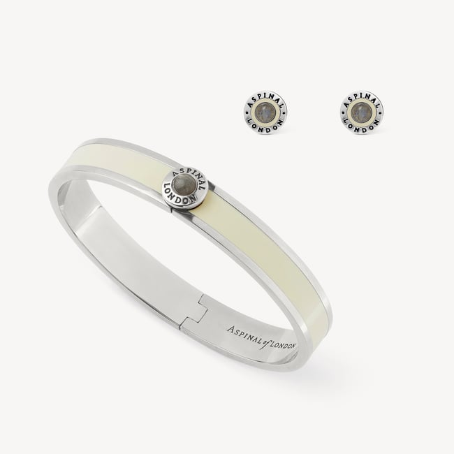 Enamel Studs & Bangle Set Ivory Enamel, Labradorite & Palladium Silver Plated