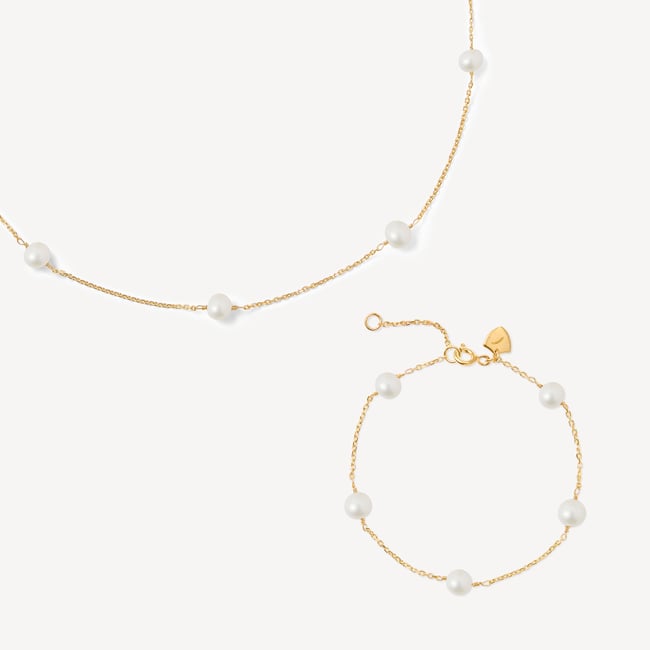 Pearl Station Necklace & Bracelet Set Freshwater Pearls & 18ct Gold Vermeil