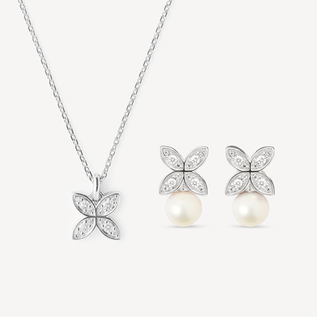 Edwardian Kiss Pendant & Studs Set White Topaz & Sterling Silver 925