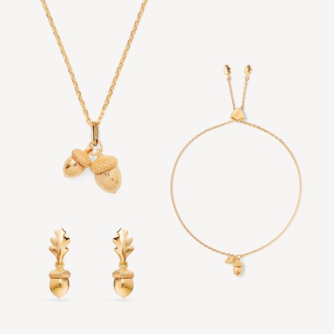 Acorn Necklace, Bracelet & Studs Set 18ct Gold Vermeil