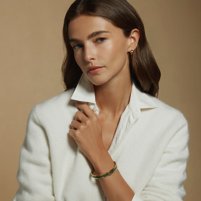 Enamel Earrings & Bangle Set Racing Green Enamel & 18ct Gold Plated