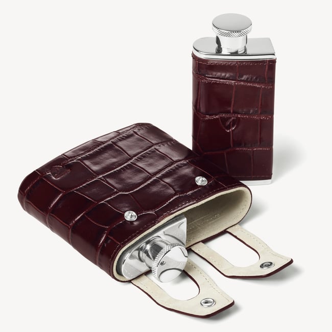 Double 6oz Leather Hip Flask Deep Shine Amazon Brown Croc