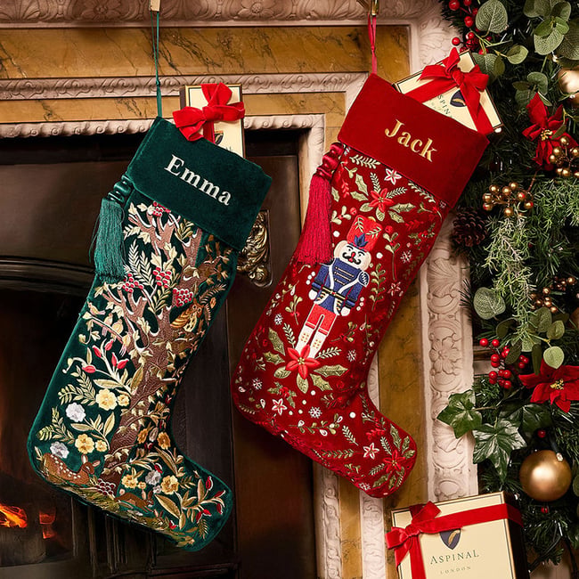 Luxury Personalised Christmas Stocking Woodland Embroidery on Evergreen Velvet