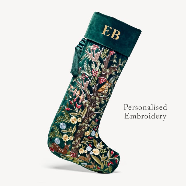 Luxury Personalised Christmas Stocking Woodland Embroidery on Evergreen Velvet