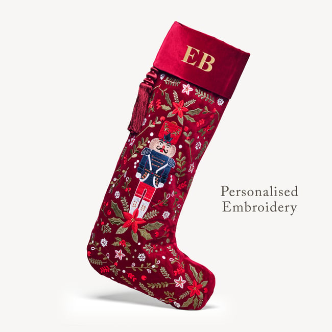 Luxury Personalised Christmas Stocking Nutcracker Soldier Embroidery on Red Velvet