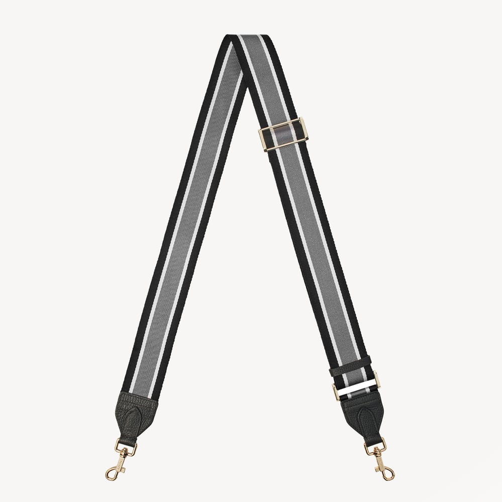 Webbing Bag Strap Black Pebble with Black, White & Grey Stripes 