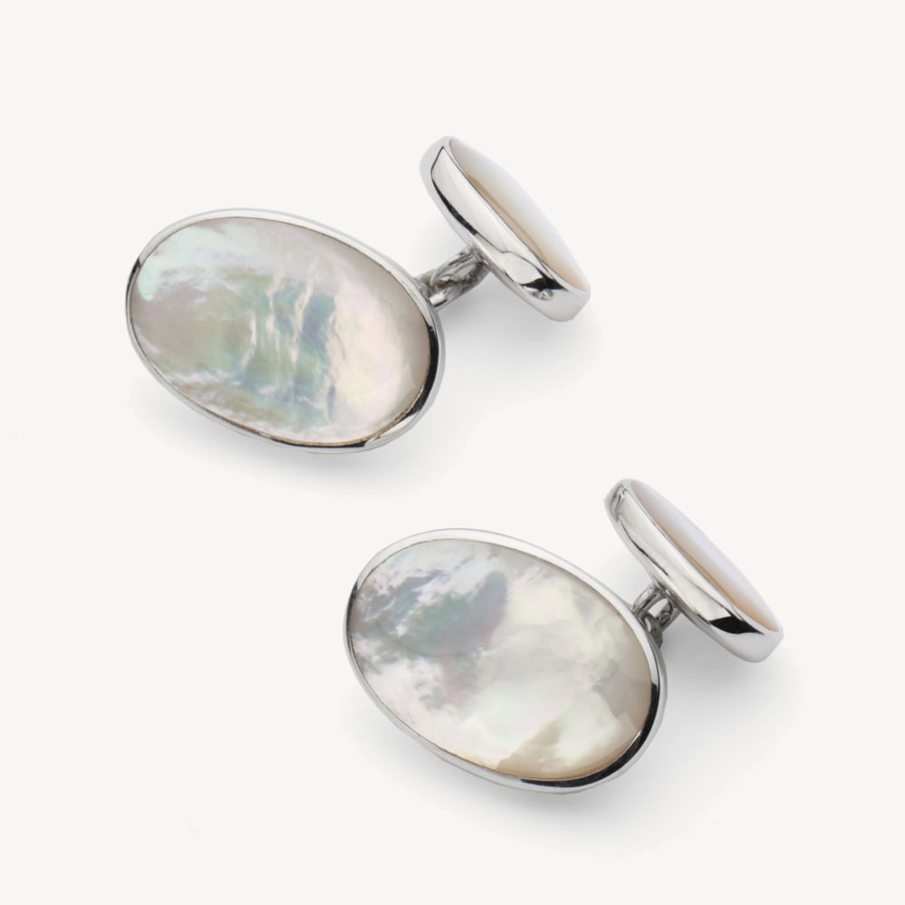 Oval Sterling Silver Semi Precious Cufflinks Mother of Pearl & Sterling Silver 925