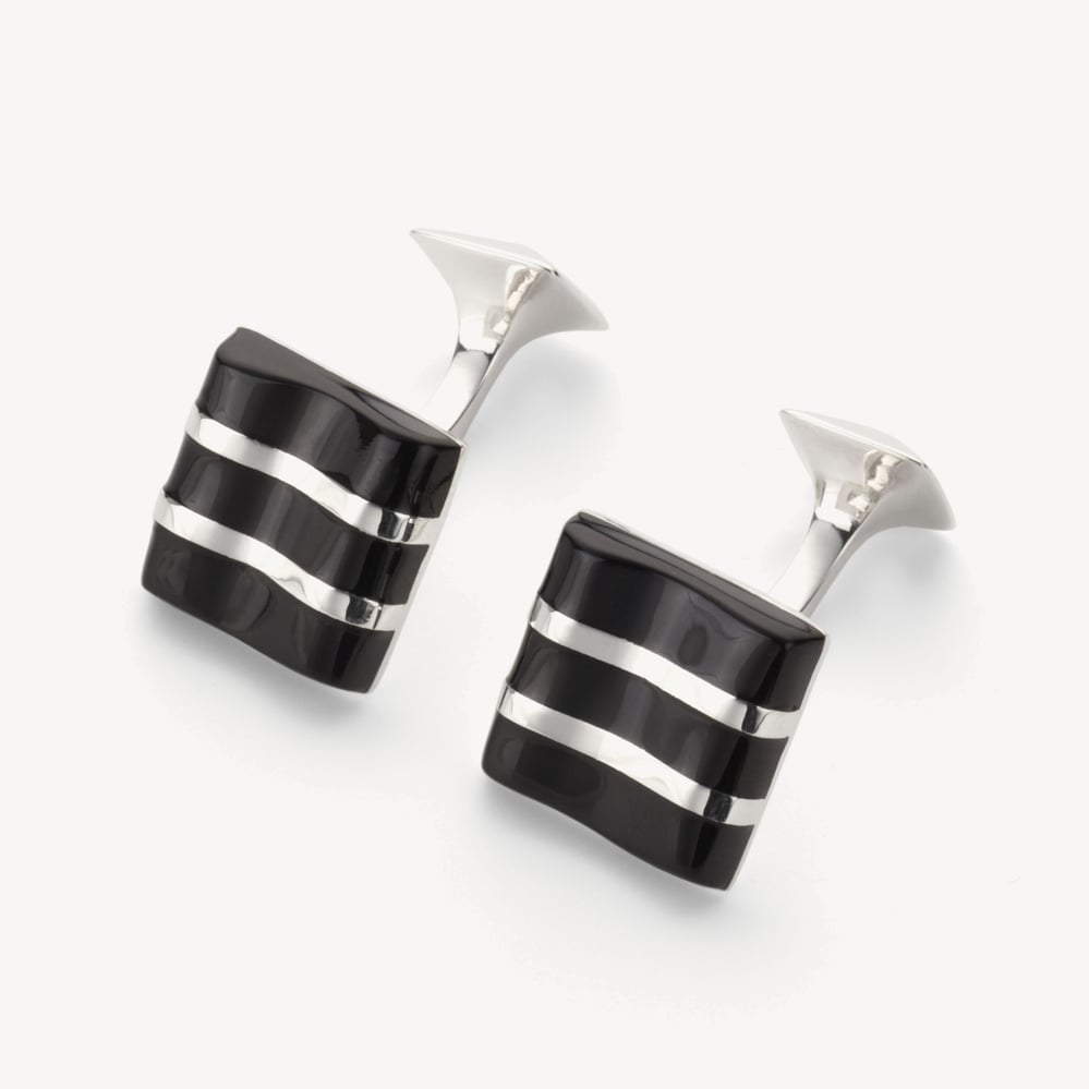 Wave Sterling Silver Cufflinks Onyx & Sterling Silver 925