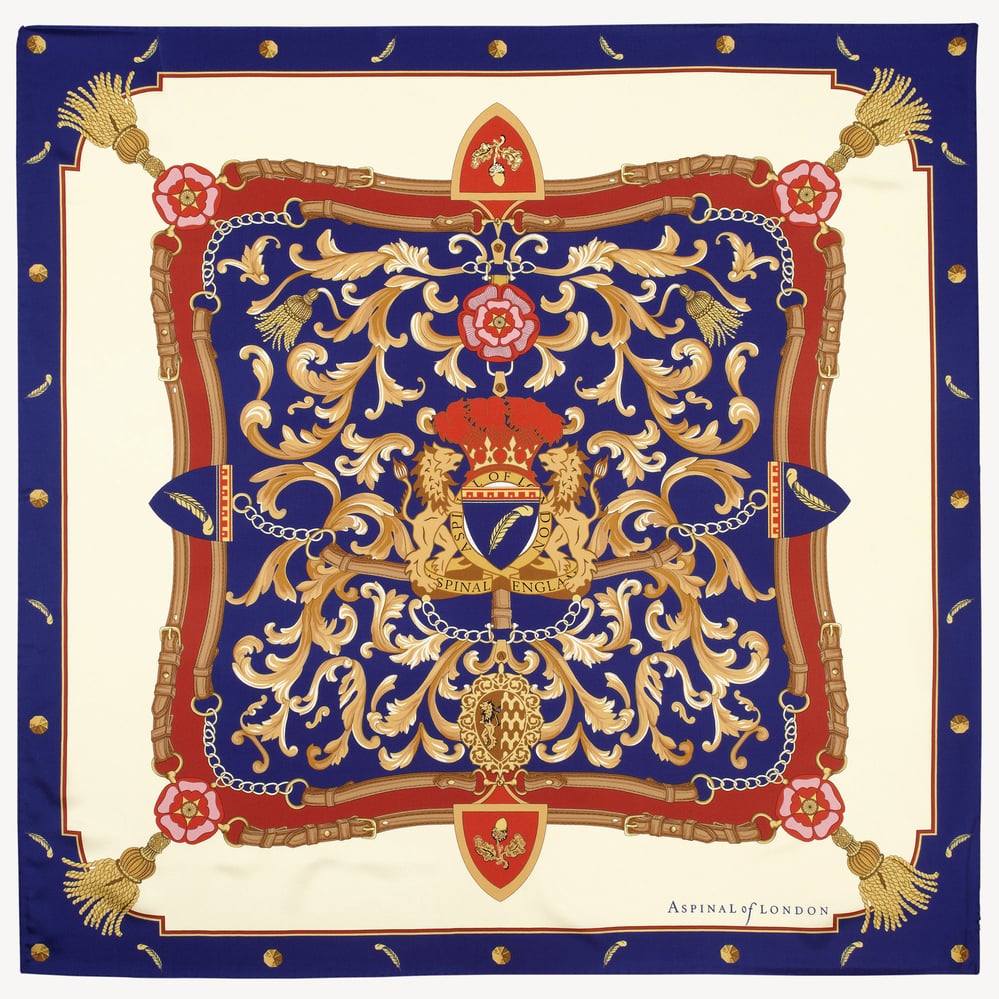 Aspinal Signature Shield Silk Scarf Blue Pure Silk