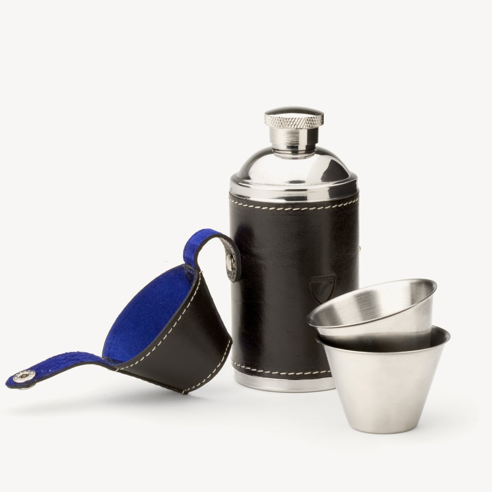 6oz Hunter Leather Flask Smooth Black & Cobalt Blue Suede