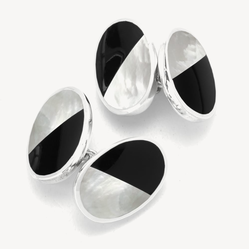 Oval Bicolour Cufflinks Onyx & Mother of Pearl set in Sterling Silver 925