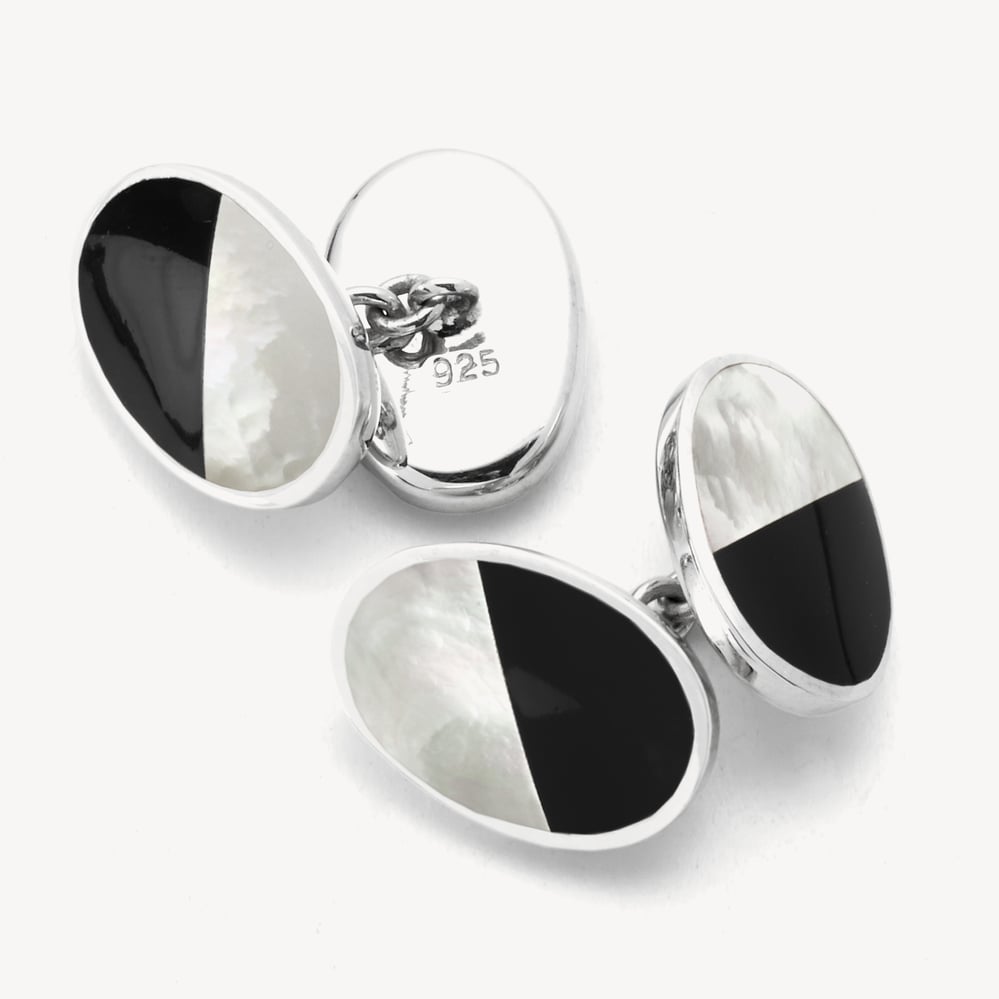 Oval Bicolour Cufflinks Onyx & Mother of Pearl set in Sterling Silver 925
