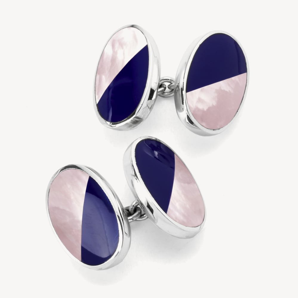 Oval Bicolour Cufflinks Lapis & Pink Mother of Pearl Sterling Silver 925