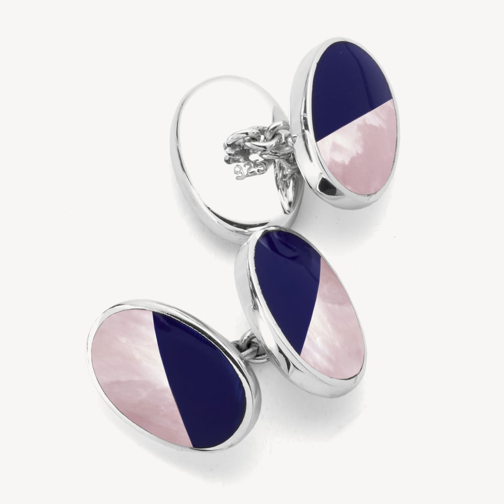 Oval Bicolour Cufflinks Lapis & Pink Mother of Pearl Sterling Silver 925