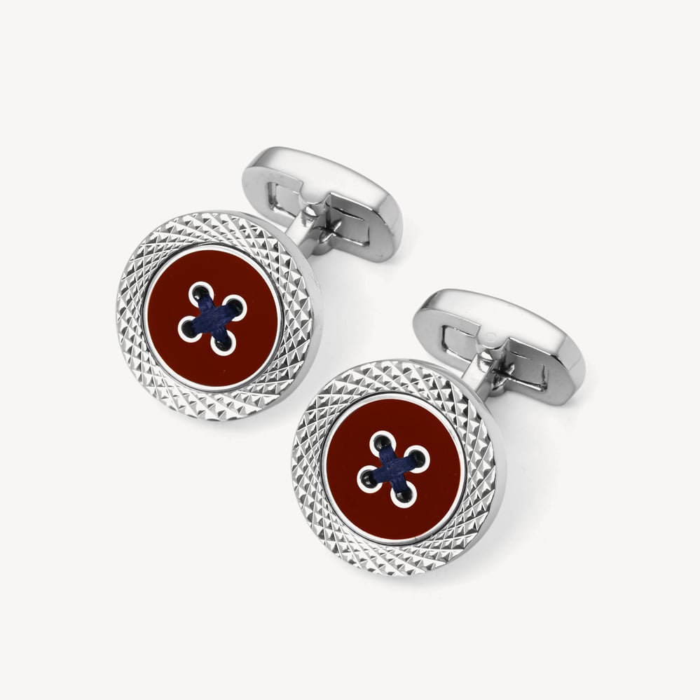 Engraved Edge Button Cufflinks Red Enamel