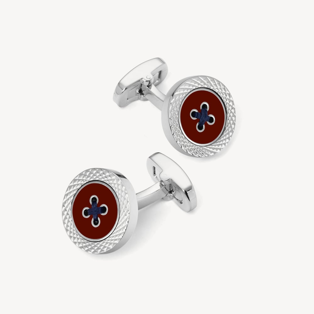 Engraved Edge Button Cufflinks Red Enamel