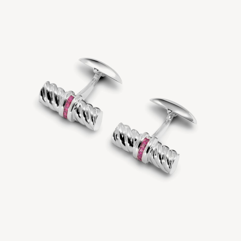 Sterling Silver & Gemset Barrel Twist Cufflinks Rubies set in Sterling Silver 925