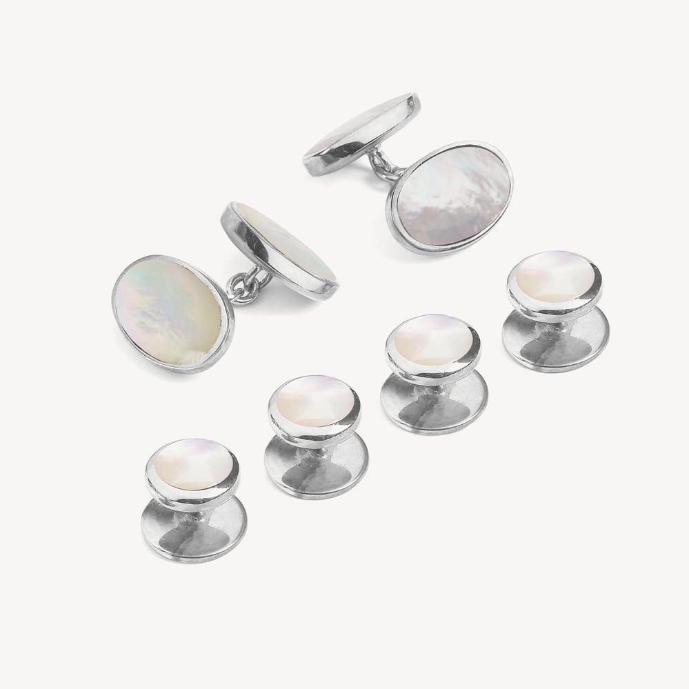 Oval Cufflinks & Dress Shirt Studs Set Mother of Pearl & Sterling Silver 925