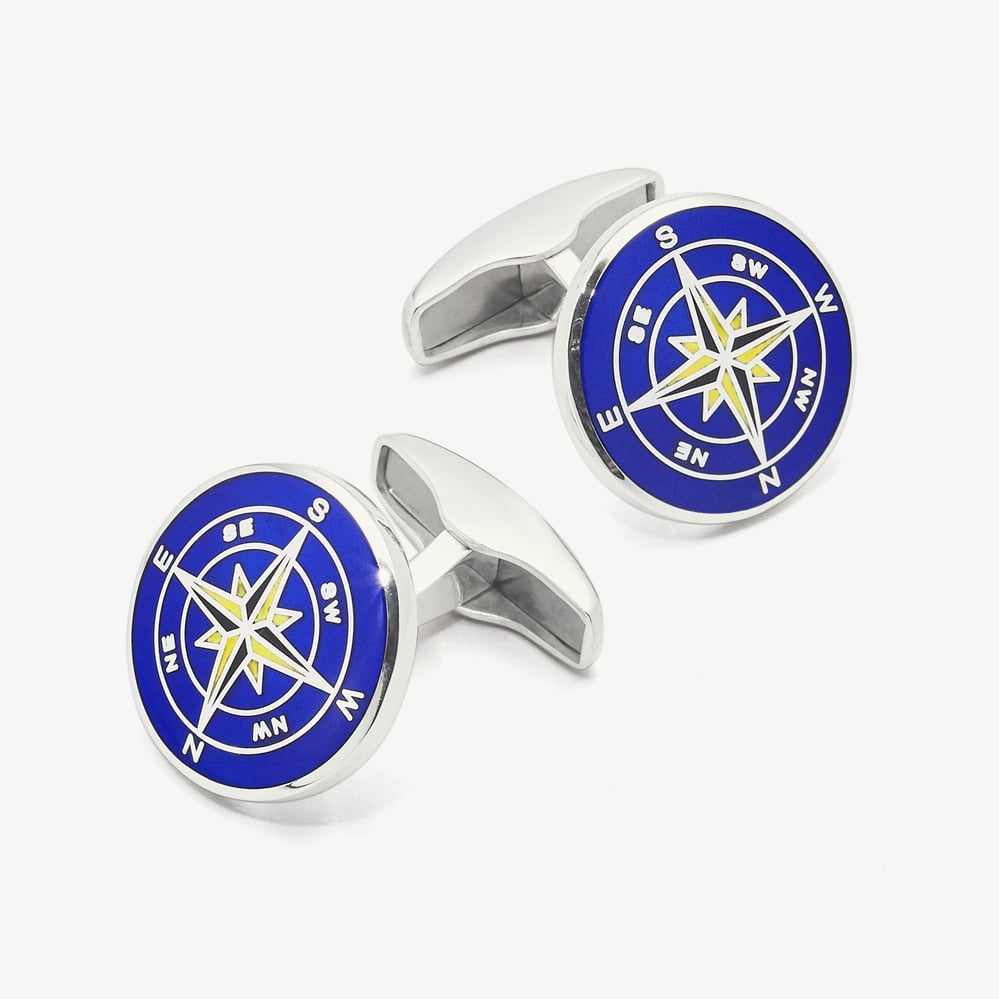 Sterling Silver Engraved Enamel Cufflinks Mid Blue Enamel with Compass Rose