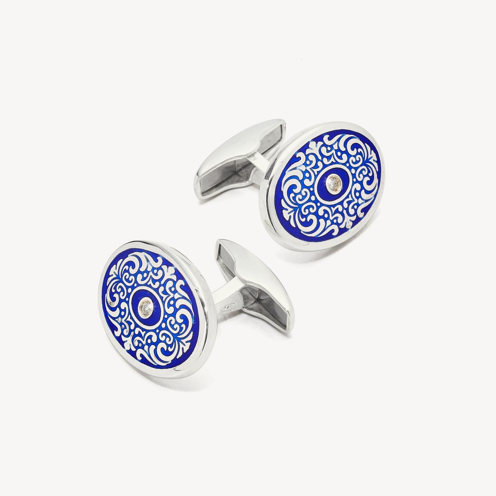 Sterling Silver Engraved Enamel Cufflinks Dark Blue Enamel & Diamonds