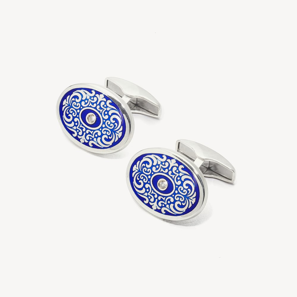 Sterling Silver Engraved Enamel Cufflinks Dark Blue Enamel & Diamonds